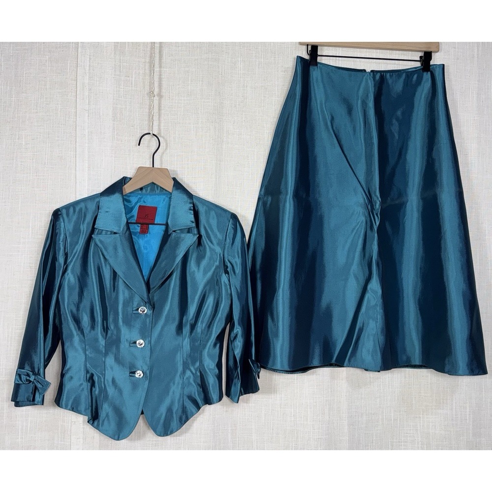 JS Collections Women's 10 Blue Suit Set Evening Blazer Jacket Skirt Satin Shiny